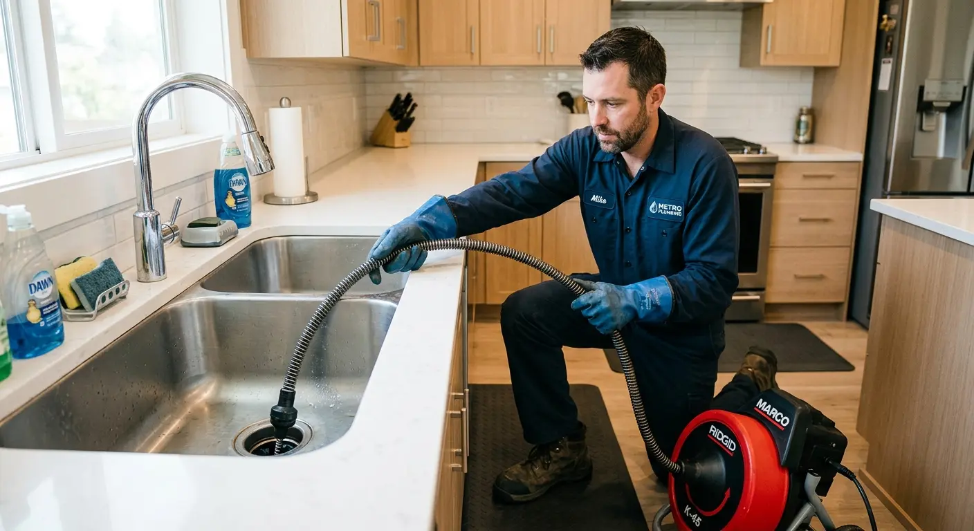Drain cleaning technician using a motorized snake on a kitchen sink in Oxford