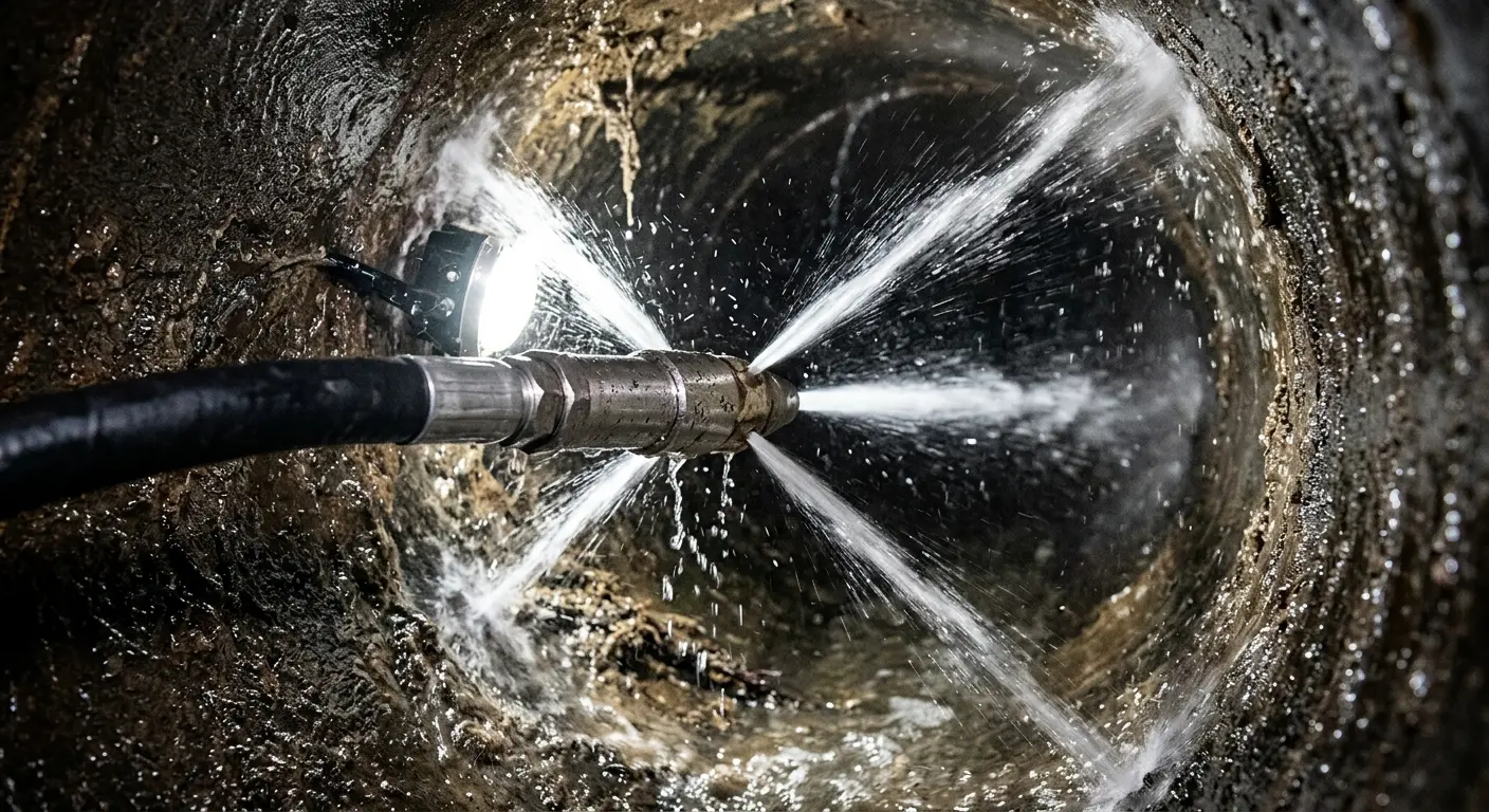High-pressure hydro jetting nozzle cleaning sewer pipe for Emergency Drain Service in Oxford